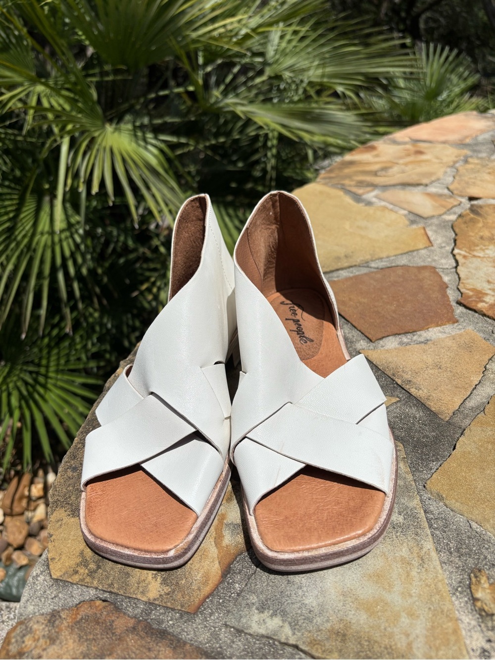 Free People White Leather Peep-Toe Woven Sandals